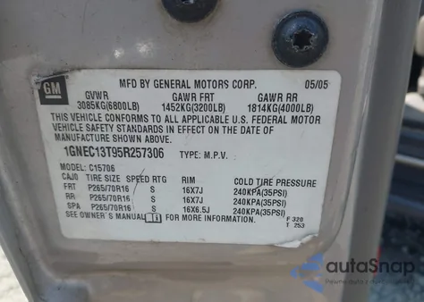 2005 Chevrolet Tahoe Ls from USA, damaged, VIN 1GNEC13T95R257306